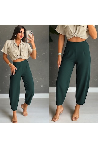 Ahes Shopping Kadın Yüksek Bel Krep Pantolon Yeşil