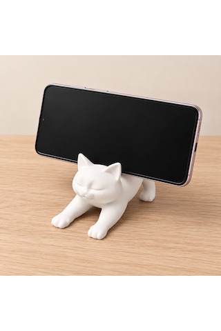 Kedi Figürlü Telefon Standı Beyaz Dekoratif Masaüstü Telefon Tutucu