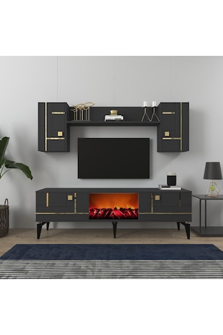 Maddera Şömineli Tv Ünitesi Takımı Antrasit-altın