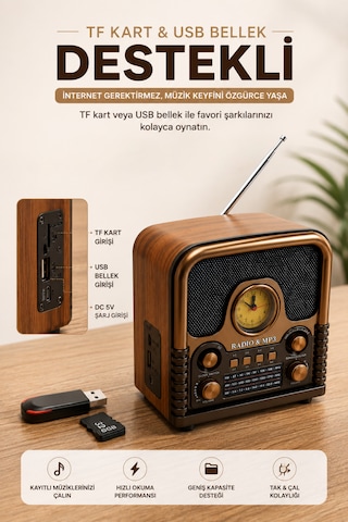 Retro Bluetooth Hoparlör Radyo Fm Am Sw Radyo Bluetooth 5.0 Tf Kart Usb Destekli Ahşap Nostaljik Tasarım Taşınabilir Kablosuz Speaker