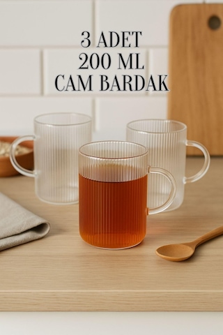 3 Adet Çizgili Kulplu Isıya Dayanıklı Borosilikat Cam Kahve Çay Bardak - 200 Ml Cam Çay Bardağı Sku: Smgstkbd0e72848c