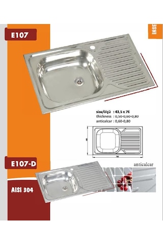 Ekosan 43.5 x 76 Ankastre. Paslanmaz Eviye + Sifon