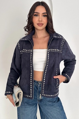 Asprin Fashion Zımba Detaylı İçi Kürklü Süet Mont Lacivert