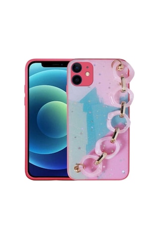 Apple Uyumlu iPhone 11 Kılıf Simli Desenli El Askılı Tutacaklı Zore Elsa Silikon Kapak Pembe Koyu