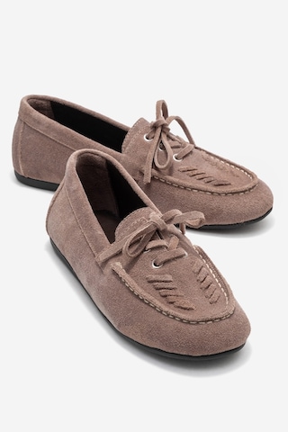 Lorven Vizon Süet Hakiki Deri Bağcıklı Kadın Loafer Ayakkabı Vizon