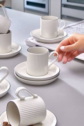 4 Parça 2 Kişilik Stackable Çizgili Gümüş Yaldızlı Kahve Fincan Takımı - Kahve Fincanı Seti 100ml Beyaz