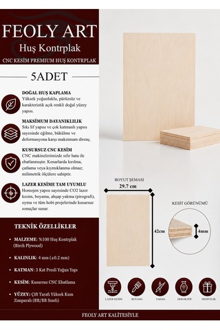 - Huş Kontrplak 5 Adet - A3 29.7 X 42 Cm - 4 Mm Cnc Kesim Lazer Kesim - Yakma - Hobi Seti