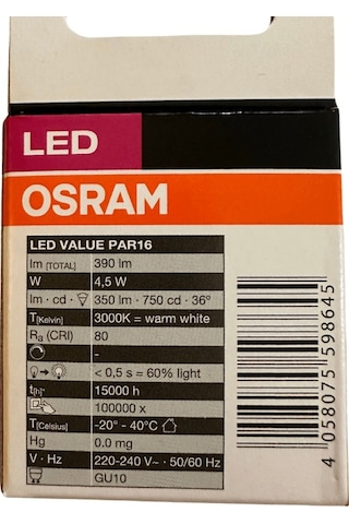 Osram 4.5w 50w 3000k Sarı Işık Gu10 Duylu Par16 Led Spot 10 Adet