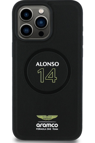 Apple Uyumlu iPhone 15 Pro Max Kılıf Aston Martin Lisanslı Magsafe Pu Deri Alonso 14 Baskılı Kapak Siyah
