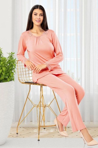 Faal 8607 Kadın Uzun Kollu Dantel Detaylı Pijama Takımı-somon SOMON