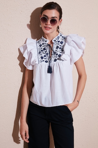 Lela Pamuklu Regular Fit Nakış Işlemeli Bayan Bluz 611Bz0253 Beyaz-Indigo