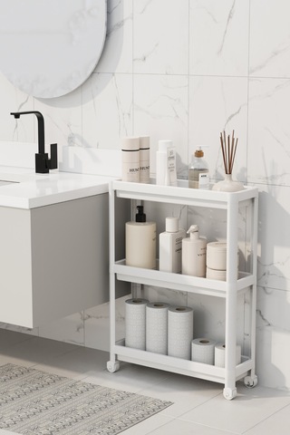 Mithra Life 3 Katlı Tekerlekli Slim İnce Beyaz Banyo Mutfak Rafı Mıt1125 Beyaz