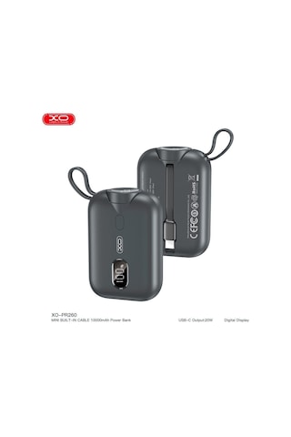 10000mah 20w Pd Hızlı Şarjlı Ve Dahili Type-c Kablolu Dijital Ekranlı Taşınabilir Powerbank Siyah
