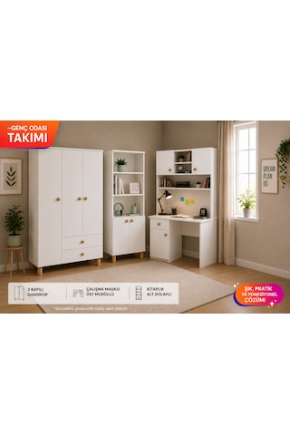 Genç Odası Takımı, 3 Kapılı Dolap, Çalışma Masası, Kitaplık Beyaz