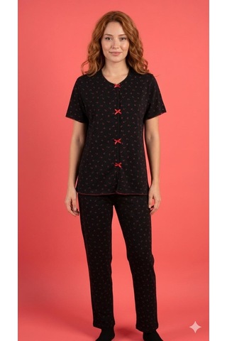 Sleeproom Yazlık Siyah Kiraz Desenli Kısa Kol Penye %100 Pamuk Pijama Takım