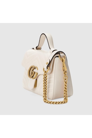 Gucci White Chevron Leather Gg Marmont Top Handle Bag Beyaz