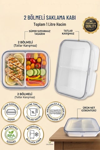 2 Bölmeli Sızdırmaz Lunch Box Saklama Kabı - 1 Litre Beslenme Kutusu Şeffaf