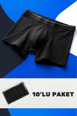 Ecnt Erkek Likralı Pamuklu Boxer Özel Hijyenik Ambalajlı 10'lu Paket Siyah Siyah