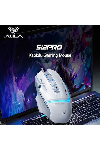 Aula S12 Pro 12800 Dpı 8 Tuşlu Makrolu Kablolu Optik Gaming Oyuncu Mouse Beyaz Diğer