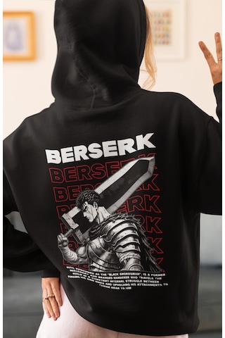 Sevbano Berserk Guts Anime Sırt Baskılı Unisex Oversize Penye Hoodie Siyah