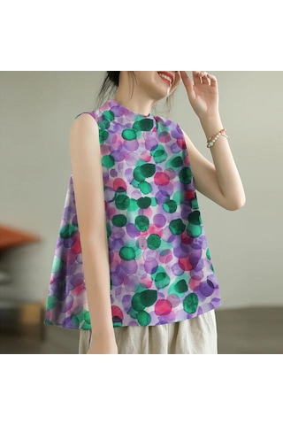 Zanzea Kadın Günlük O-boyun Baskılı Kolsuz Atlet Mor