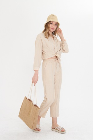 Bej Kadın Keten Gömlek Ve Pantolon Alt Üst Takım Bej