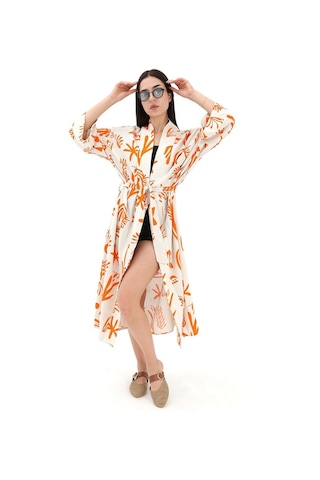 Baskılı Keten Kimono - Turuncu-turuncu Turuncu