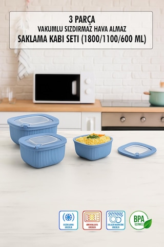 Kare 3 Parça Vakumlu Sızdırmaz Hava Almaz Saklama Kabı Seti Mavi 1800/1100/600 Ml Mavi
