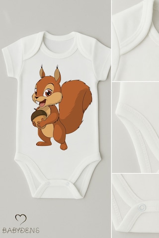 Babyden's %100 Pamuklu Sevimli Hayvan Figürlü Bebek Body Unisex Çıtçıtlı Kısa Kollu Zıbın Sincap Beyaz