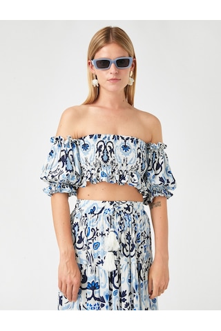 Koton Straplez Crop Bluz Mavi Desenli 2sak30143ew 2SAK30143EW03V