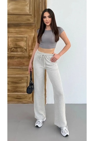 Yandan Cepli Beli Bağcıklı Su Yolu Kadın Çizgili Pantolon Gri