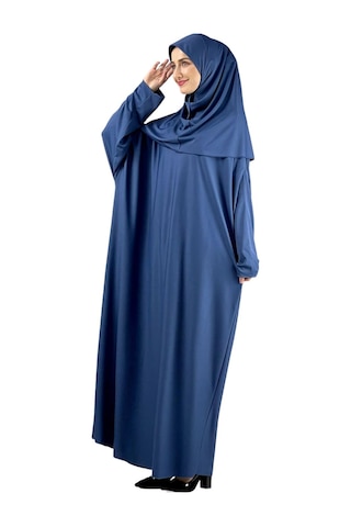 Namaz Elbisesi Eşarp Seccade Tesbih Set, İslami Giyim Takım Ferace Turban Şal İndigo