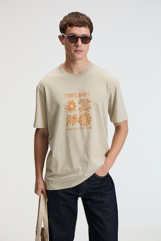 Grimelange SWEET Erkek %100 Pamuk Oversize Fit Baskılı Kısa Kollu Yuvarlak Yakalı Taş Rengi T-Shirt