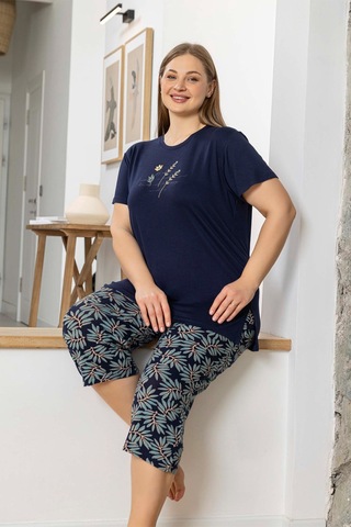 Aydoğan Kadın İnci Büyük Beden Lacivert Kapri Pijama Takım 0073 Lacivert