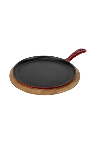 Lava Döküm Yuvarlak Pizza Krep Pankek Tavası Döküm Demir Yekpare Saplı Kayın Servis Ahşabı Çap Ø 26cm. Bordo