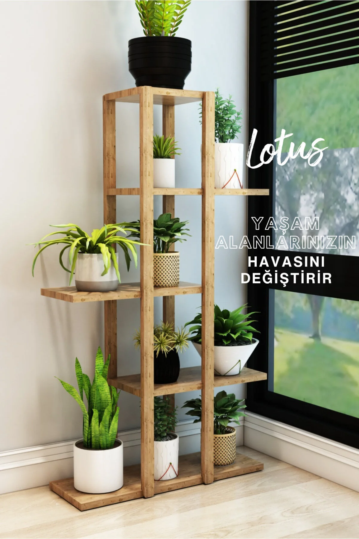 Lotus Ahşap 5 Katlı Çiçeklik, Saksılık, Çiçek Standı, Dekoratif Raf / Çok Amaçlı Kullanım Atlantik Çam