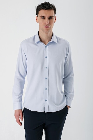 İmza Koyu Mavi Uzun Kollu Desenli Armürlü Sert Yaka Cepsiz Pamuklu Slim Fit Dar Kesim Gömlek 1004235171-koyu Mavi Koyu Mavi