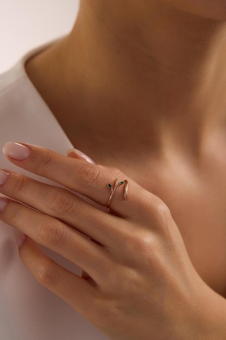925 Ayar Gümüş Ayarlanabilir Rose Kaplama Minimal Yeşil Yapraklı Yüzük Pembe Altın