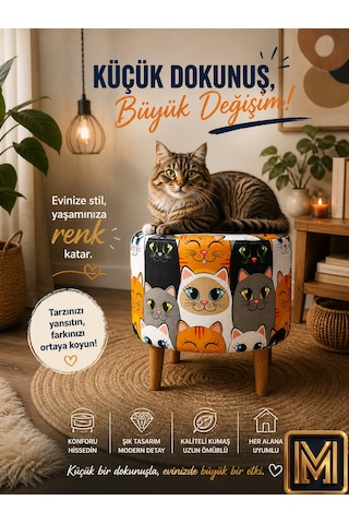 Diday Kedi Puf Trend Puf F Koltuk Puff Bench Dekoratif Bohem Doğal Gürgen Ayak Çocuk Odası Tabure Çok Renkli