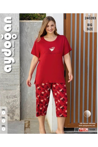 Kadın Büyük Beden Viskon Kısa Kol Pijama Takımı Battal Kırmızı