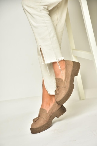 Fox Shoes T996193002 Vizon Süet Kalın Tabanlı Makosen Ayakkabı Vizon