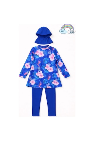 My Kids Wear Kız Çocuk Tesettür Mayo 3 Lü Takım Üst + Tayt + Bone 12568 Mavi