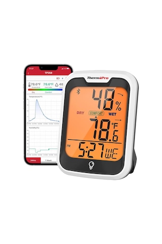 ThermoPro TP358 Telefon Kontrollü, Saatli, Takvimli, İç Mekan Sıcaklık ve Nem Ölçer Termometre