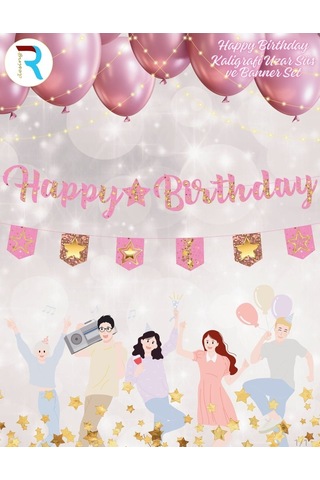 Premium Etkinlik Harf Bayrak Duvar Süsü Happy Birthday Pembe Gold Bayraklı Kaligrafi Diğer