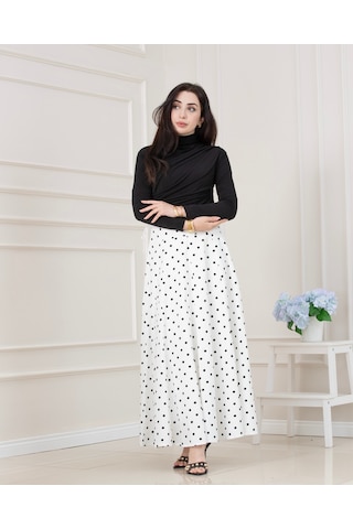 Sevitli Puantiyeli Maxi Etek-beyaz-5717