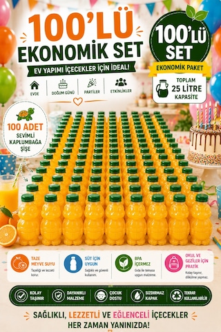 100'lü Set Şeffaf Kaplumbağa Şişe Yeşil Kapaklı Pet İçecek Şişesi Çocuk Beslenme Matarası 250 Ml