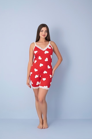 Pıove Kadın Kalp Desenli Askılı Şortlu Pijama Takımı Dantel Detaylı Rahat Ev Giyim Seti Kırmızı