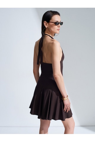 Dilvin 91633 Halter Yaka Mini Elbise-koyu Kahve