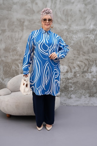 Polologin Butik Krem Çizgili Mavi Gömlek Tunik Mavi & Krem
