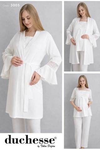 Duchesse 3005 Ekru 3'lü Hamile Lohusa Pijama Sabahlık Takım